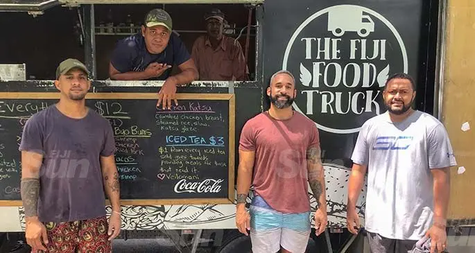From left: Curtis Kamea, Hernrick Vollmer, Anil Prasad, Randall Kamea (Manager) and Pisa Seleivalu prepping before a delivery of food packs in Suva on February 3, 2021. Photo: Kelera Sovasiga