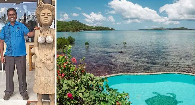 An Island in the Yasawa with Manoj Reddy outside Baravi Handicrafts and Cafe, Coral Coast. Photo: Frederica Elbourne
