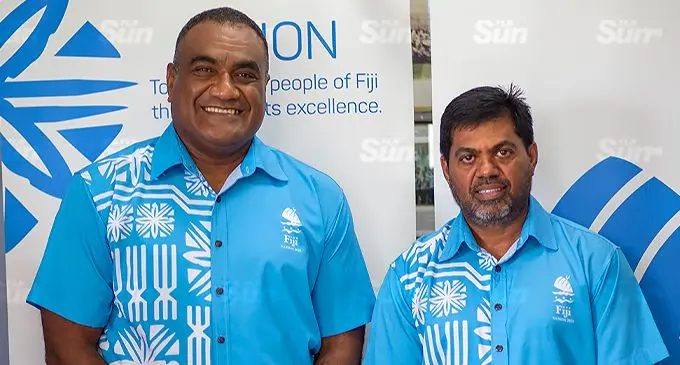 Commonwealth Games Chef de Mission, Sale Sorovaki (left) and 2022 Pacific Mini Games Chef de Mission Ajay Ballu after their appointment at the Olympic House in Suva on December 2, 2021. Photo: Leon Lord
