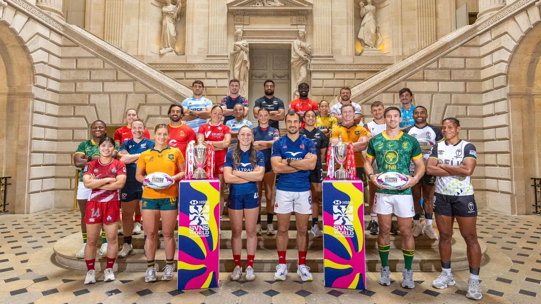 Women’s and men’s team captains pose for a photo prior to the 2026 HSBC SVNS Bordeaux at Stade Atlantique Bordeaux Métropole on June 3, 2026 in Bordeaux, France. 