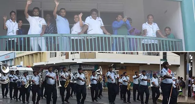 Top: Medical and Health officers took a break to watch the Fiji Police Band display their performance in front of the Labasa Hospital on January 5,2021. Bottom: New Year greetings from the Fiji Police Band at Labasa Town on January 5,2021. Photo: Laisa Lui Photos: Laisa Lui