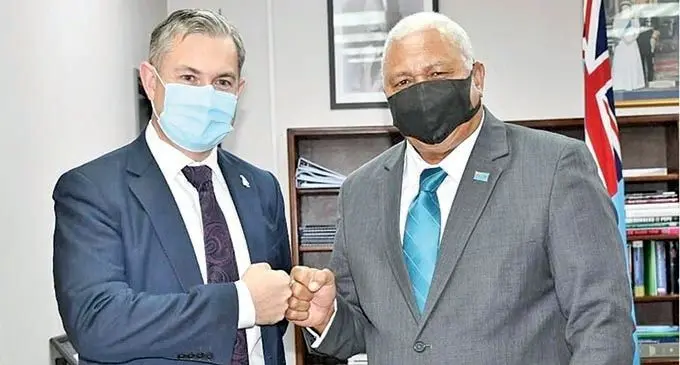 From left: New Zealand High Commissioner Jonathan Curr with Prime Minister Voreqe Bainimarama. Photo: DEPTFO News