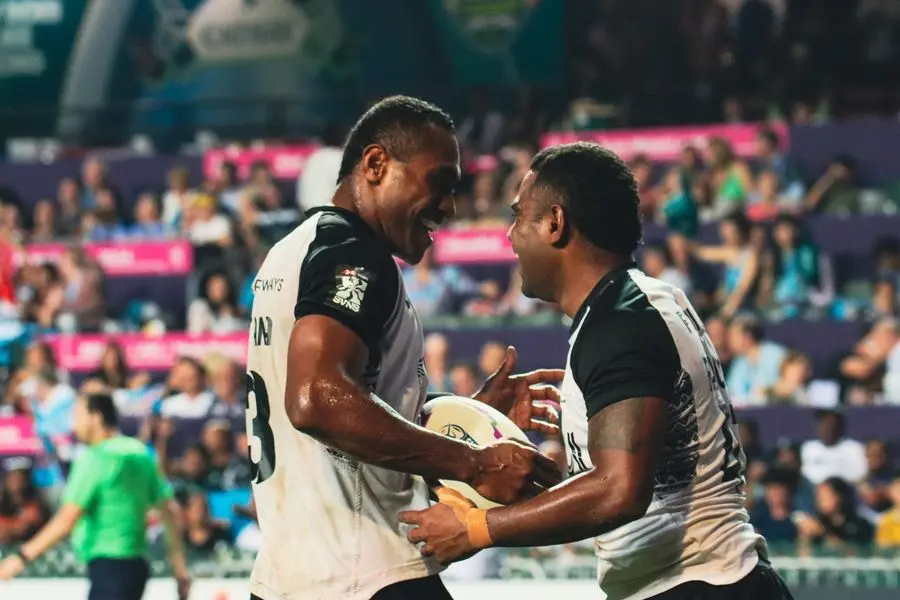 Fiji men’s rugby sevens forward Jeremaia Matana (left) and captain Vatemo Ravouvou during their pool game at the Hong Kong Sevens on April 6, 2024. Photo: World Rugby 