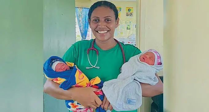 Dr Rusila Tikoitoga with the new set of twins delivered at Cicia Health Centre on February 12, 2024.