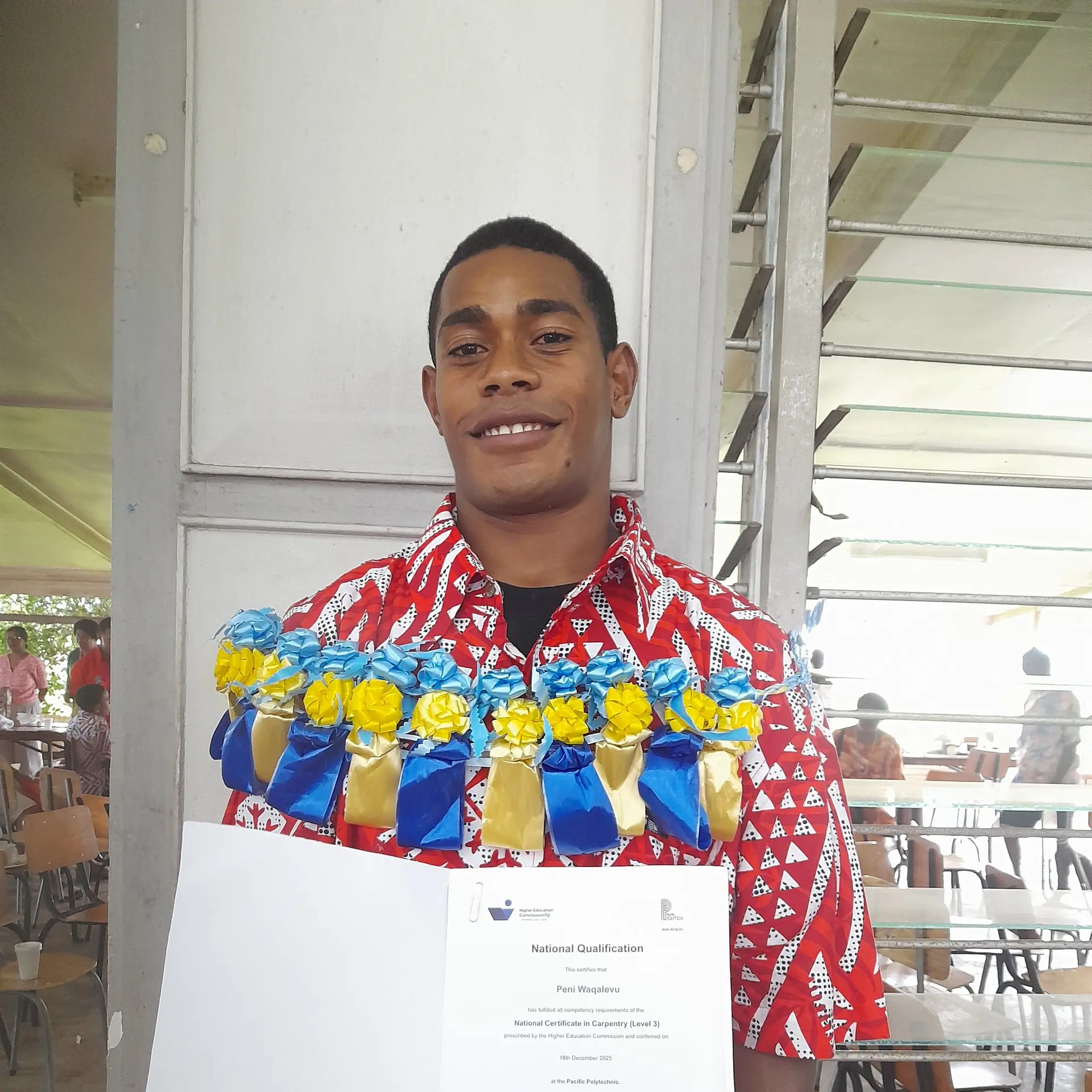 Peni Waqalevu graduates with National Certificate in Carpentry Level 3 from Pacific Polytech at Kshatriya Hall in Labasa on December 18, 2025. 