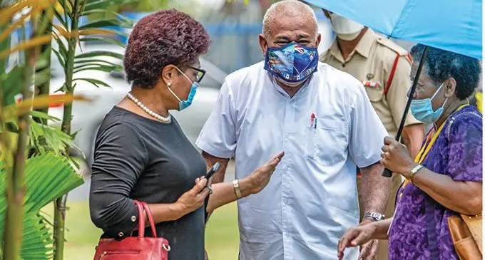 Opposition MP’s Salote Radrodro and Simione Rasova outside the Magistrates Court in Suva on December 6, 2021.   Photo: Leon Lord