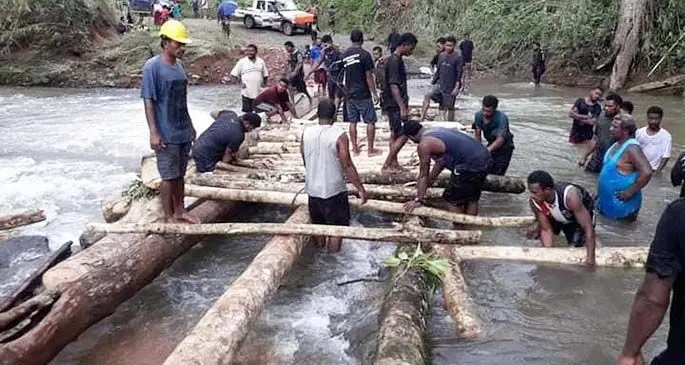 Youth and Nayarabale villagers building the temporary tree trunk bridge.
