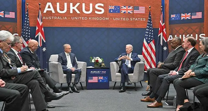 US President Joe Biden(right center) meets with Australian Prime Minister Anthony Albanese (left center) during the AUKUS summit at Naval Base Point Loma in San Diego California on March 13, 2023. Photo: RNZ