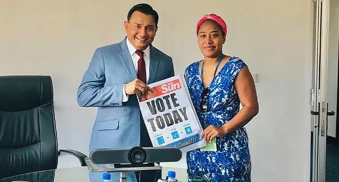Fiji Independent Commission against Corruption (FICAC) Commissioner, Rashmi Aslam, with Fiji Sun deputy managing editor News Fonua Talei at the FICAC office in Suva on December 14, 2022. Photo: Leon Lord