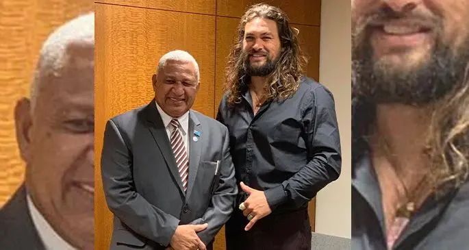 The Prime Minister Voreqe Bainimarama and Jason Momoa at UN headquarters New York yesterday. 