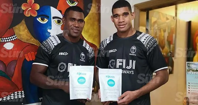 Members of the Fiji Airways Fiji 7s team Aminiasi Tuimaba (left) and Meli Derenalagi at the launch of the Taki Mai Gold Label Power Mix at Cafe 30 in Suva  on June 5, 2020. Photo: Laiseana Nasiga