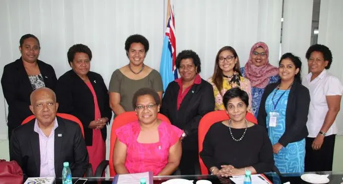 Seated front-left: Permanent Secretary for Women,Children and Poverty Alleviation Dr Josefa Koroivueta, Minister for Women,Children and Poverty Alleviation Mereseini Vuniwaqa, and Fiji’s Permanent Representative to the United Nations in Geneva Nazhat Shameem with the delegates bound for Geneva. Photo: Ministry of Women, Children and Poverty Alleviation
