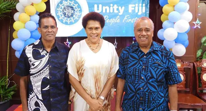 From left: Unity Fiji party secretary Satish Kumar, president Adi Sivia Qoro, and Unity Fiji party leader Savenaca Narube.