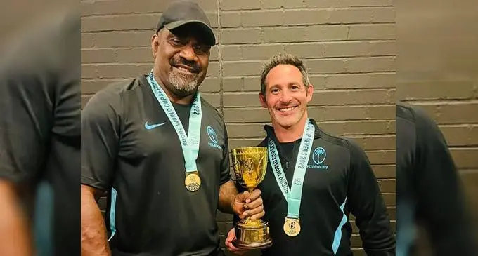 From left: Fiji Airways Fijian Sevens assistant coach Viliame Satala and head coach Ben Gollings in Cape Town, South Africa, on September 12, 2022. Photo: Gabby Abariga