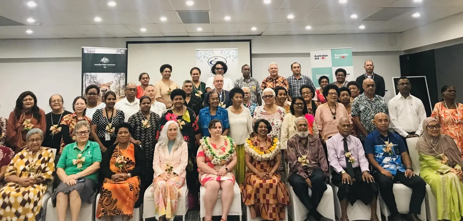 The Asia Foundation chief project management officer Pauline Tweedie, The Australia High Commission DFAT Representative Tess McSpadden, Minister for Women, Children and Social Protection Sashi Kiran and the National Council for Older Persons Representative Hassan Goundar with the representatives from the different organisations and ministries during the launch of the Review of the Ageing Policy at Holiday Inn in Suva, on February 23, 2026.