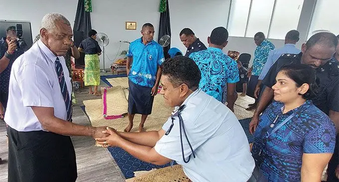 The Minister for Home Affairs and Immigration Pio Tikoduadua meets officers of the Ba Police Station on March 3, 2023. Photo: Salote Qalubau