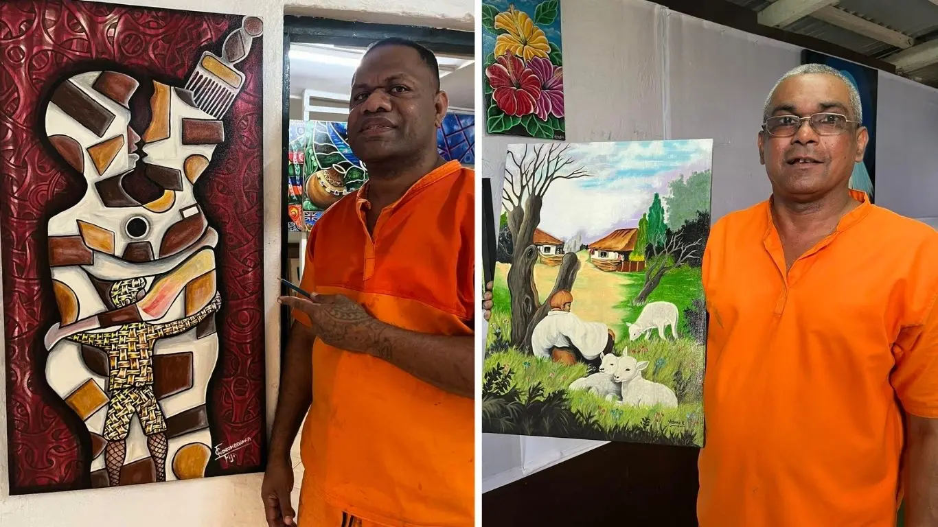 From left:  Isoa Codrokadroka and Vishal Krishna with their paintings.