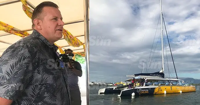 Left:  South Sea Cruises chief executive officer Brad Rutherford on October 15,2021 and the Sabre, South Sea Cruises’ first 78-foot catamaran (Right), in Port Denarau Marina after her traditional welcome on October 15, 2021. Photos: Shreya Kumar.