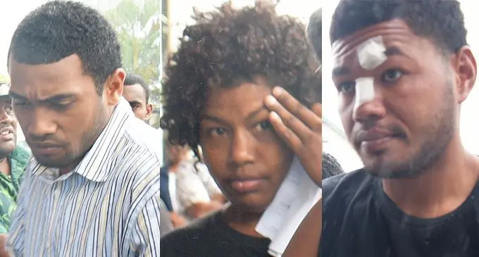 From left: Joeli Damudamu 24, Makereta Tunasiga, 26, and Mikaele Waqatairewa, 28, outside the Nausori Court on November 12, 2019. Photo: Ronald Kumar