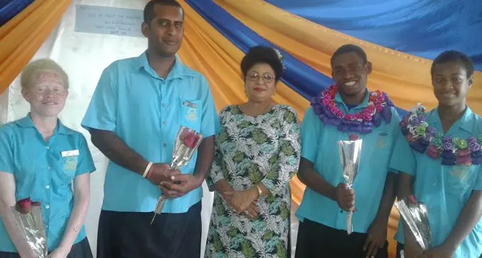 From left: Deputy headgirl Karalaini Tubuna, deputy headboy Joeli Kovesere, Assistant Minister for Women, Children and Poverty Alleviation Veena Bhatnagar, headboy Vilimone Baleinayau and headgirl Raijeli Naikaukaucagi on February 16, 2018. Photo: Shirika Shalini