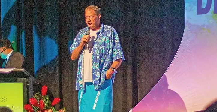 Swire Shipping Fijian Drua head coach Mick Byrne speaks during the awards night at the Sofitel Fiji Resort and Spa in Denarau, Nadi, on June 13, 2023. Photo: Waisea Nasokia