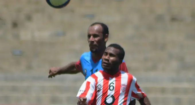 Labasa's Dunstan Quanafia tussles with Usaia Tadu during the Vodafone Premiere League in Suva on February 10, 2019.