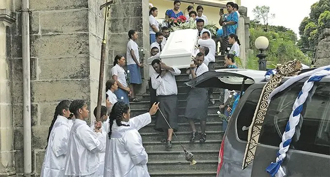 Pall bearers carry the casket of Sister Genevieve Loo at Sacred Heart Cathedral in Suva on March 4, 2019. Photo: Ashna Kumar
