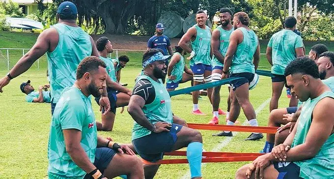Swire Shipping Fijian Drua’s Teti Tela (left) during the Captain’s run at Prince Charles Park, Nadi, on May 26, 2023. Photo: Fijian Drua