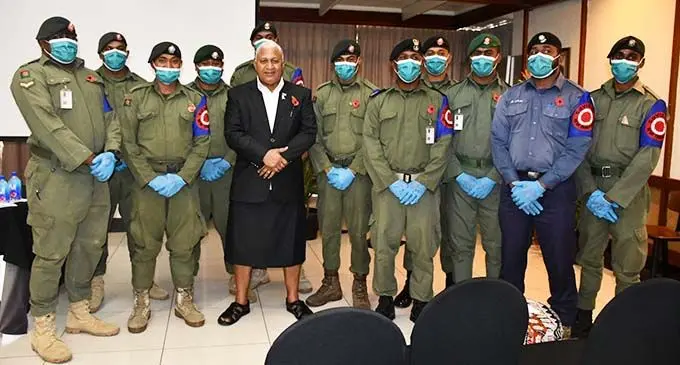 Prime Minister Voreqe Bainimarama with members of the Republic of Fiji Military Forces at the Tanoa International Hotel in Nadi on October 21, 2020. Photo: Office of the Prime Minister