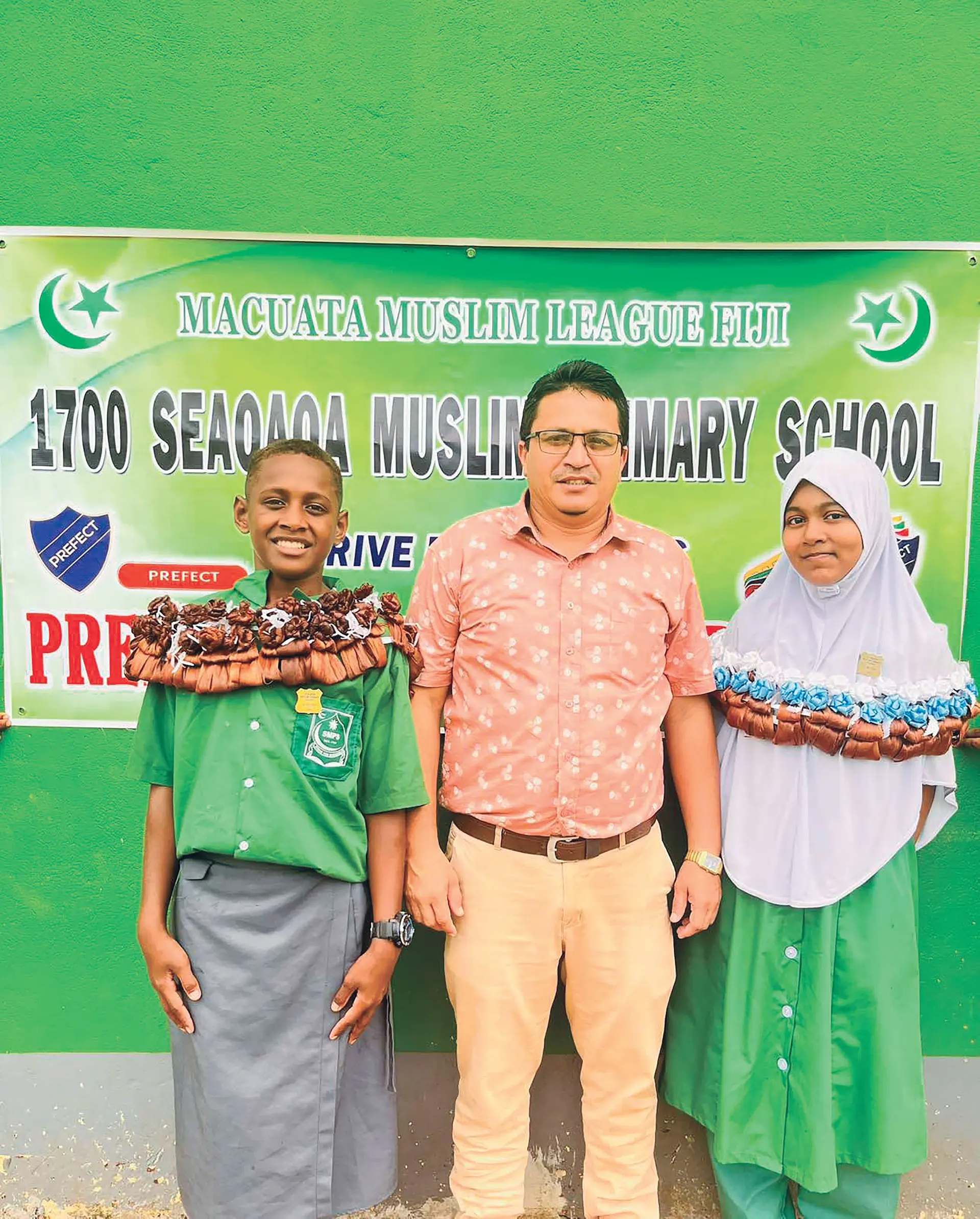 Seaqaqa Muslim Primary School head boy Isoa Loco (left), head teacher Mohammed Imroz Khan and head girl Fadilah Hussain at Seaqaqa Muslim Primary School in Labasa on February 18, 2026.