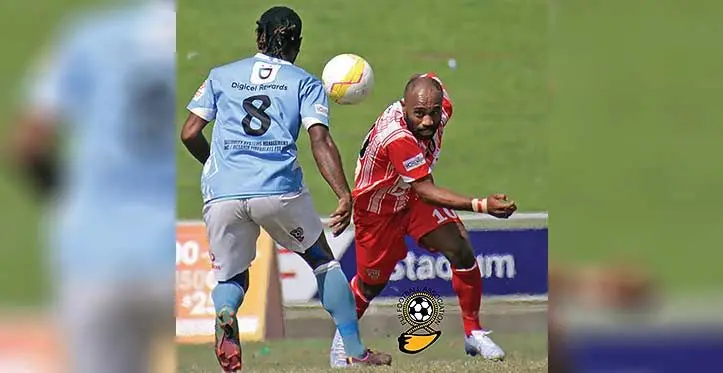 Labasa striker Christopher Wasasala (right) contests possession against Tailevu Naitasiri player Sikeli Tuiloma during their Digicel Fiji FACT match at the HFC Bank Stadium on June 11, 2023. Photo: Fiji Football Association
