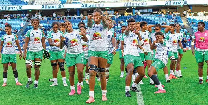Rooster Chicken Fijian Drua led by lock Asinate Serevi after their win over NSW Waratahs at the Allianz Stadium in Sydney, Australia, on February 28, 2025. Photo: Fijian Drua