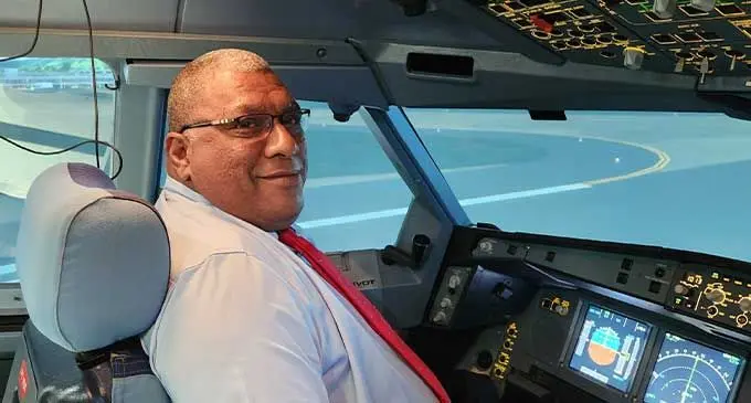 President Ratu Wiliame Katonivere reay to take flight on the A330 seat at the Fiji Airways Aviation Academy. Photo: Fiji Airways