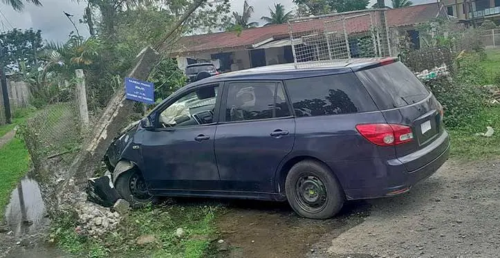 The car that rampaged through the fence of a home at Sharma Road in Nadera on October 17, 2023. Photo: Asenaca Ratu