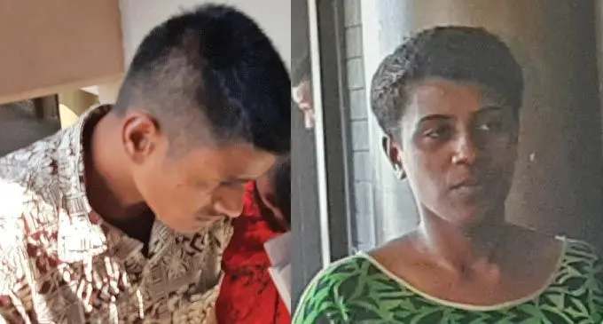 Deepak Dipesh Chand (left), and Lanieta Keretabua are escorted out of the Lautoka Magistrates Court on November 1, 2019.  Photo: Salote Qalubau