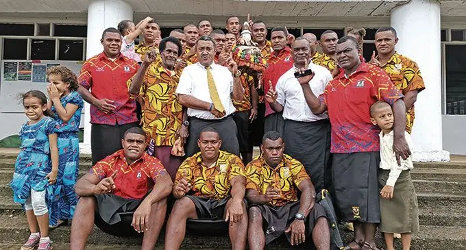 Tui Namosi Rau Suliano Matanitobua (standing-middle) with village elders, players, officials and supporters after the thanksgiving church service at the Holy Spirit Parish in Navua on October 4,2020. Photo: Lusiana Tuimaisala