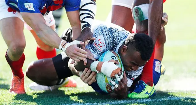 Fiji Airways Fijian 7s halfback Jerry Tuwai forces his way over to score the first try against France during the Pool A clash of the Los Angeles Sevens at the Dignity Health Sports Park in USA on March 1, 2020. Fij won 33-28  to top their pool and qualify to today’s Cup quarterfinal clash against England. Photo: World Rugby.   