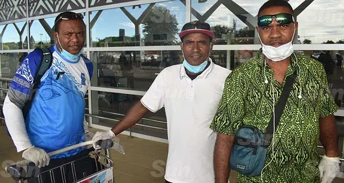 From left: Epeli Nabola, Livai Rabuku and Nikotimo Koroivolu at the Nadi International Airport on March 16, 2021. Photo: Waisea Nasokia