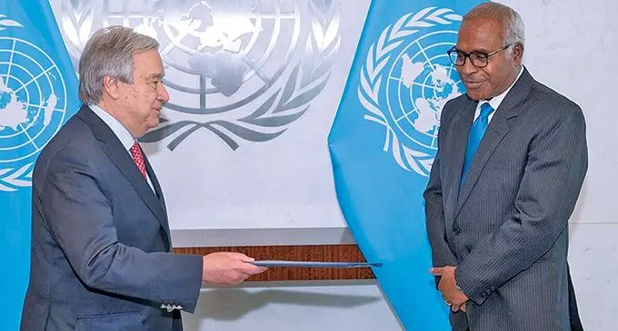 From left: United Nations Secretary General (UNSG) António Guterres and Fiji’s Permanent Representative to the United Nations Ambassador Filipo Tarakinikini during the presentation at the UN headquarters in New York.