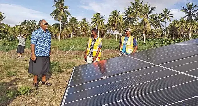 Minister for Rural and Maritime Development, Sakiasi Ditoka, and EFL Taveuni team leader generation, Krishneel Naicker in Taveuni on January 23, 2024. Photo: Jone Salusalu