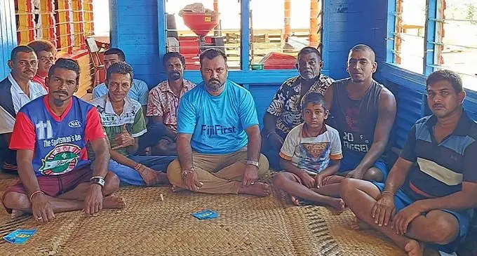FijiFirst party candidate, Alvick Maharaj (centre), during an election campaign trail at Vunivutu in Nasarawaqa, Bua, on November 21, 2022.