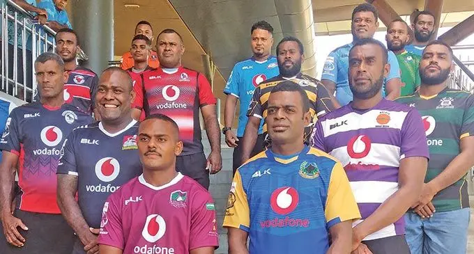 The respective team captains who are taking part in the Vodafone Vanua Cup rugby competition, at the launch in Suva on May 4, 2022. Photo: Ronald Kumar