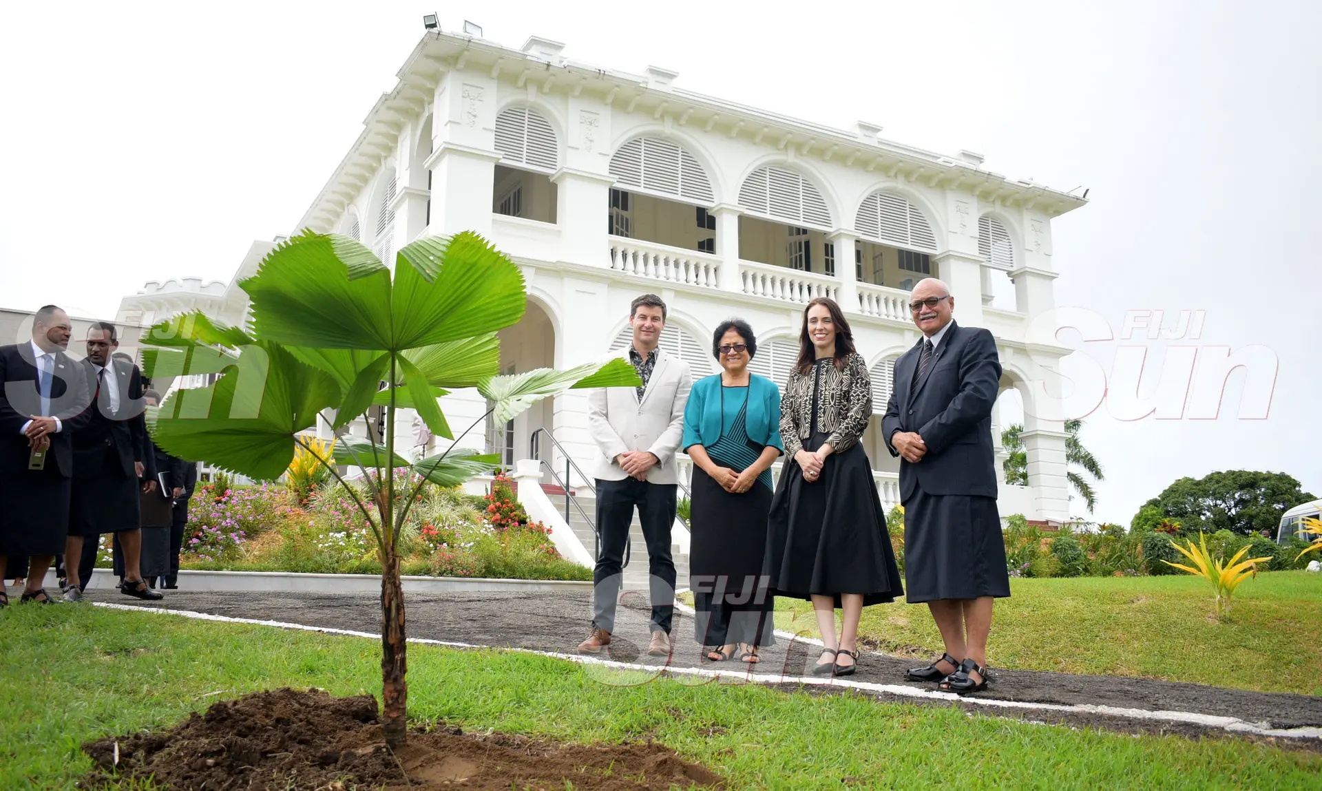 From left- Clarke Gayford, First Lady Sarote Konrote,  New Zealand Prime Minister Jacinda Ardern and President Jioji Konrote after the tree planting ceremony at State House on February 25, 2020. Photo: Ronald Kumar.