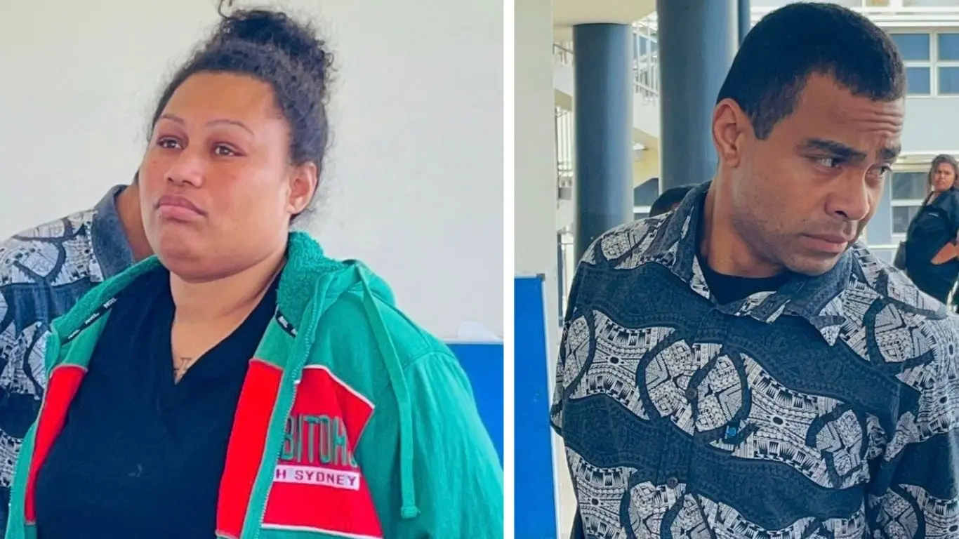 Suspended police officer Saint George Sisi Talei and his partner Tofua Raiyasi outside the Nasinu Magistrate Court on October 7, 2026. 