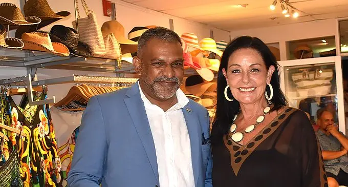Minister for Commerce, Trade, Tourism and Transport Faiyaz Koya with fashion designer Tracey Farrington.