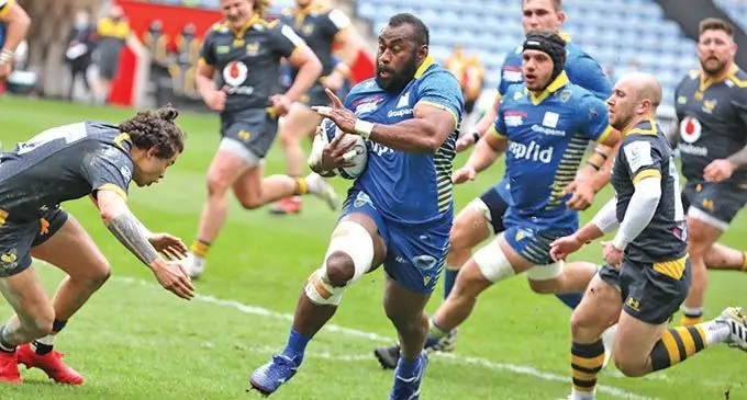 Clermont and Flying Fijians tighthead prop Peni Ravai on the burst against Wasps in the eliminations of the Heineken Champions Cup at the Ricoh Arena in Coventry, England on April 3, 2021. Ravai scored a try as they registered an upset 27-25 win over the top English club. Clermont now face Toulouse in this weekend’s quarterfinal Photo: Clermont Rugby