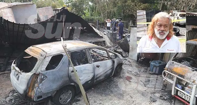 The burnt-down home at Mala Place in Nadawa. INSET: Property owner, Low Young standing in front of his burnt-down home at Mala Place in Nadawa on January 2, 2020. Photo: Kelera Sovasiga