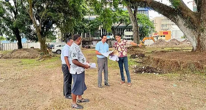 Ministry of Commerce, Trade, Tourism and Transport Permanent Secretary Shaheen Ali with officers of the Ministry of Local Government inspect works carried out at Ratu Sukuna Park.