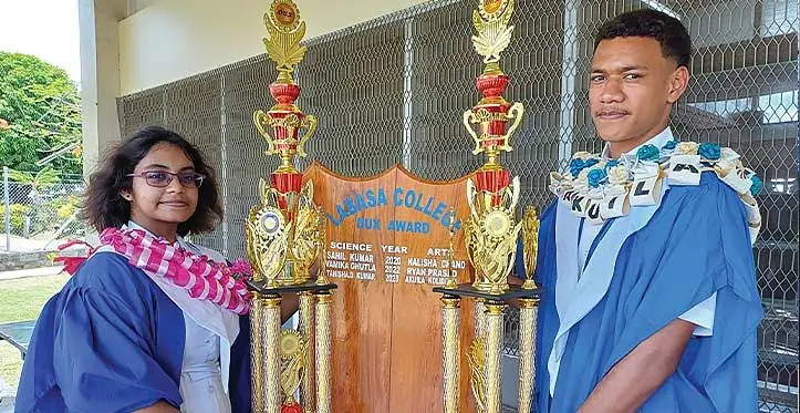 Labasa College Science dux Tanisha Kumar, left, with Arts dux Akuila Kolidamu during the Labasa College prizegiving ceremony on November 27, 2023. Photo: Shratika Naidu