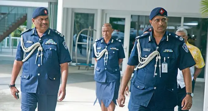 Acting Deputy Commissioner of Police Itendra Nair (left) with Fiji Police Force Chief Operations Officer, Assistant Commissioner of Police (ACP) Abdul Khan (right) during the Fiji Police Force National Community Policing at the Pearl Resort in Pacific Harbour on Thursday.  Photo: Police Media Cell.